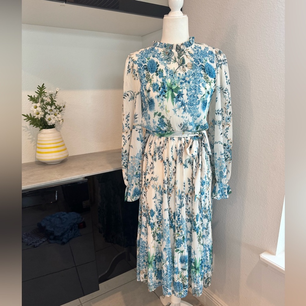 New Vici Floral‎ High Neck Pleated Plisse Chiffon Midi Dress Women's Size S K